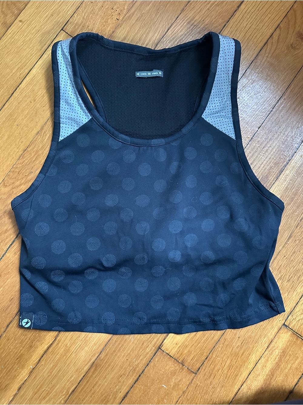 oiselle Black Polka-Dot Sports Crop Top with Gray Mesh Panels